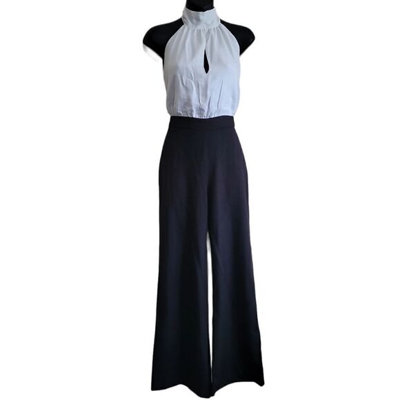 ABS By Allen Schwartz  Black and White Halter Back Jumpsuit Sz 0  NWT - Picture 1 of 9